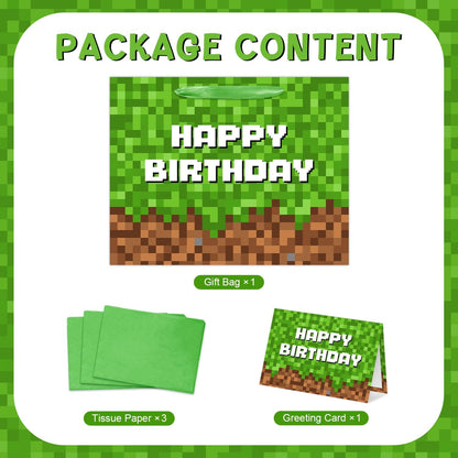 13" Large Green and Brown Pixel Birthday Gift Bag with Tissue Paper and Greeting Card Pixel Miner Theme Party Favor Bags Video Game Party for Boys Girls Kids Teenagers Birthday Decor