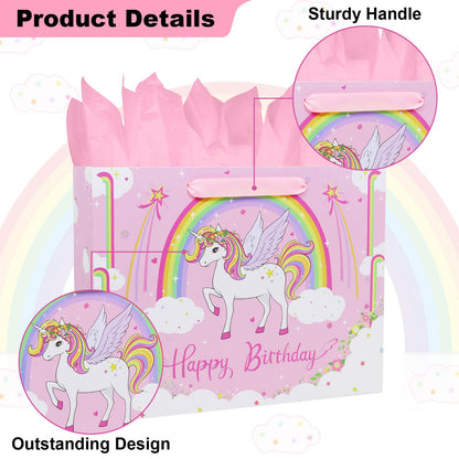 Oletx 13" Pink Unicorn Gift Wrap Paper Bag,Birthday Party Wrapping Bag With Tissue Paper Greeting Card for Women's Party,Mother's Day