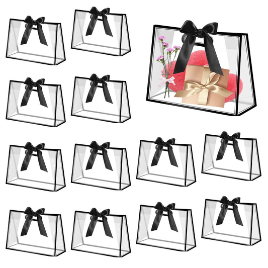 Oqqlin 12 Pcs Black Clear Gift Bags with Handles, 12.2 x 5.1 x 9.8 Inch Plastic Party Favor Bags with DIY Ribbon Reusable Goodie Tote Bag for Wedding, Birthday, Valentine's Day, Baby Shower