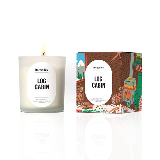 Homesick Log Cabin Scented Candle – 13.75 oz Non-Toxic, Natural Soy Wax in Cozy Amber & Smooth Tonka Bean Scent, Organic Cotton Wick, 60-Hour Burn, Engagement Gifts for Couples in Reusable Jar