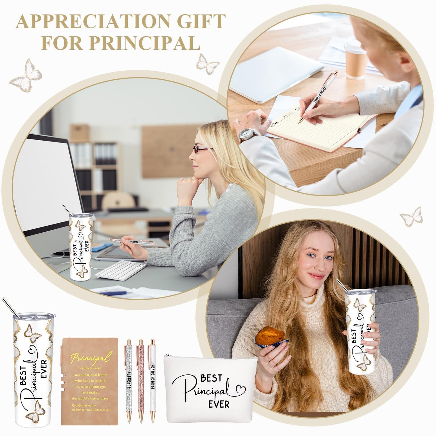 Domensi 6 Pcs End of The Year Gifts for Principal Thank You Gift 20oz Rustic Butterfly Marble Sign Tumbler Makeup Bag Journal for Assistant Principal School Office Birthday Retirement (White)