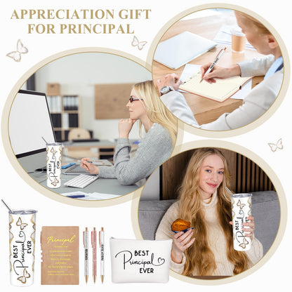 Domensi 6 Pcs End of The Year Gifts for Principal Thank You Gift 20oz Rustic Butterfly Marble Sign Tumbler Makeup Bag Journal for Assistant Principal School Office Birthday Retirement (White)