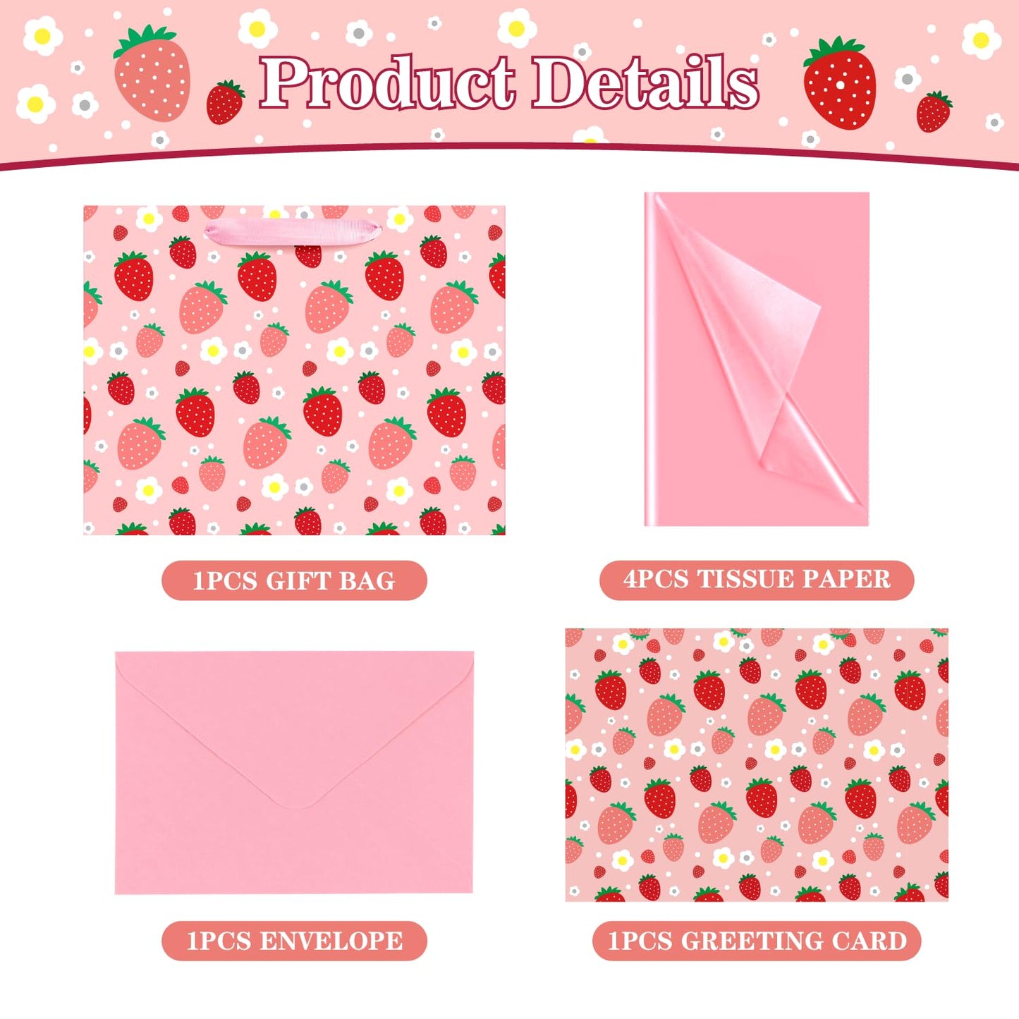 XiaosRen Large Strawberry Birthday Gift Bag with Tissue Paper and Card, Pink Gift Bag for Girls Kids Birthday, Baby Shower Party Supplies.
