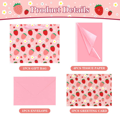 XiaosRen Large Strawberry Birthday Gift Bag with Tissue Paper and Card, Pink Gift Bag for Girls Kids Birthday, Baby Shower Party Supplies.