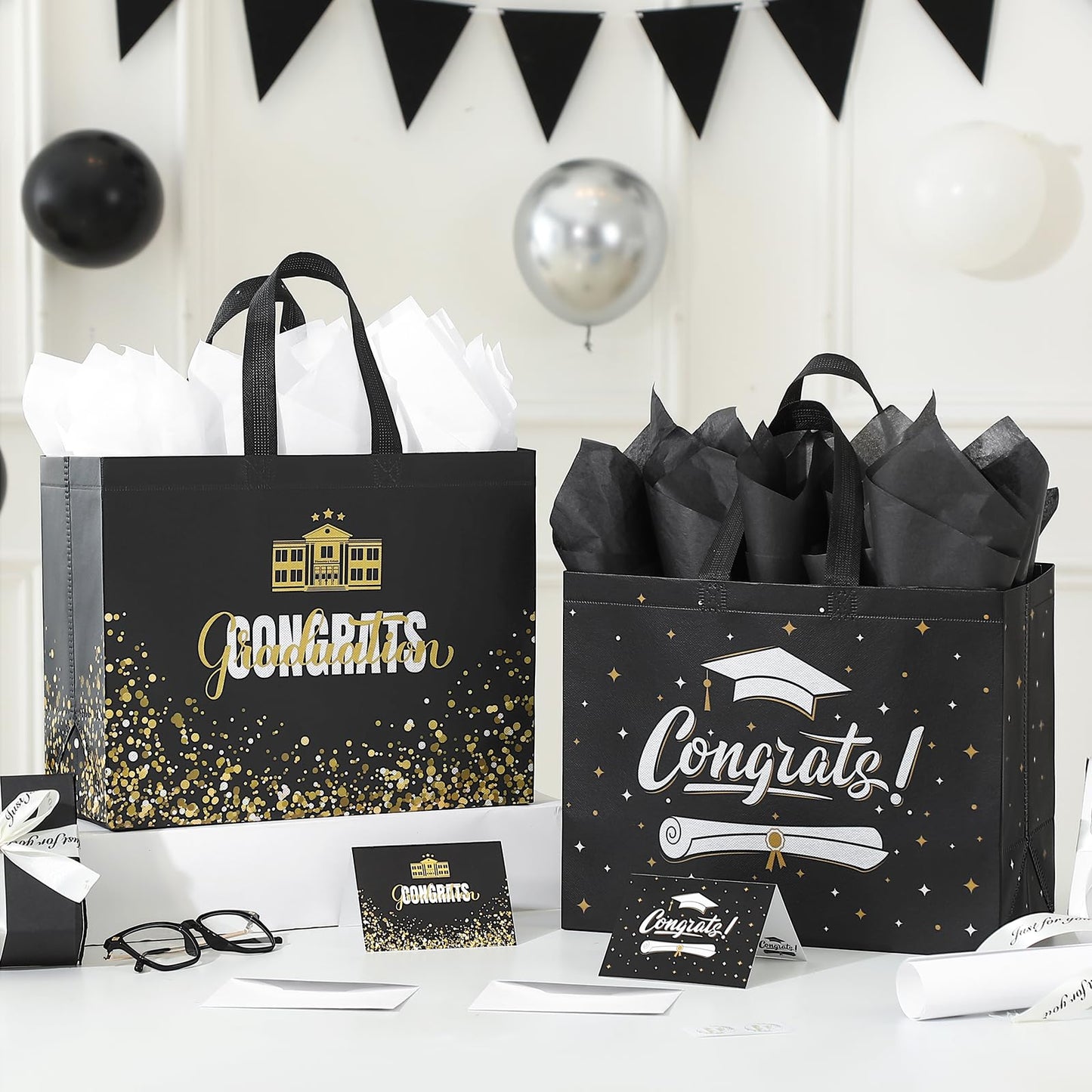 YANGTE 2 Pack 13" Large Graduation Gift Bags with Tissue Paper and Cards, Reusable Non-Woven Graduation Bags with Handle, Congrats Grad Gift Wrap Bags for High School, College