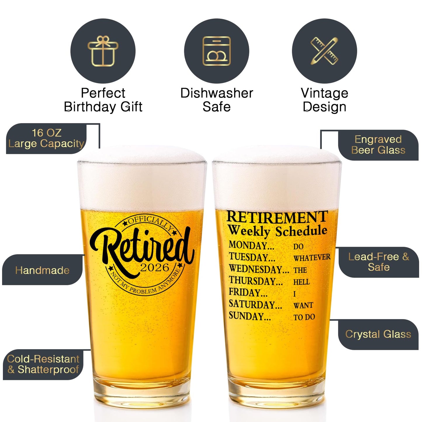 Retirement Gifts for Men 2026 - Retirement Beer Glass with Stone Coasters, Bottle Opener, Funny Beer Glass Unique Gift For Dad, Grandpa, Friends, Family