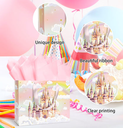 MUNILAIL 13 Inches Castle Gift Bag for Girls Large Gift Bag with Handle Tissue Paper and Greeting Card for Kids Birthday Princess Themed Party Large Paper Gift Bag