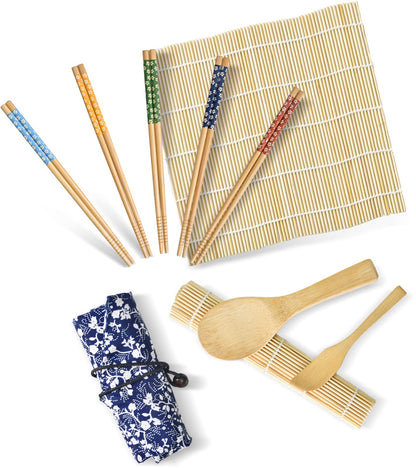 Soeos Sushi Making Kit, Sushi Making Kit for Beginners with 2 Sushi Rolling Mats, 5 Pairs Chopsticks, 1 Paddle, 1 Spreader, 1 Cotton Bag, All Natural Bamboo Sushi Maker Gift Set for Party & Family