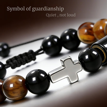 Initial Mens Bracelet with Cross - Religious Faith Beaded Bracelt Gift for Him Man Male Friend, Adjustable Tiger Eye Black Onyx Beads Braclet for Birthday Confirmation Sponsor Anniversary
