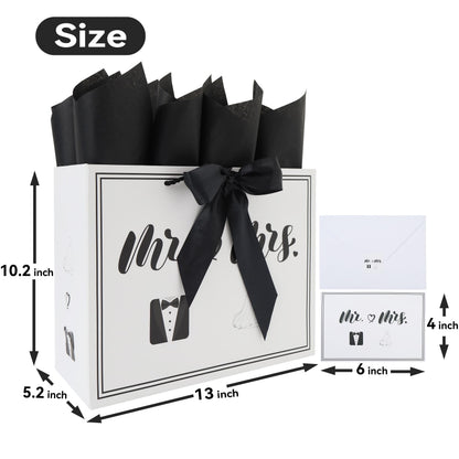wishinside 13” Large Wedding Gift Bag Set with Handles, Greeting Card, Tissue Papers and Stickers for Bridal Shower Anniversary Engagement Newlyweds Couple, Elegant Mr. & Mrs. Design, 1 Pcs