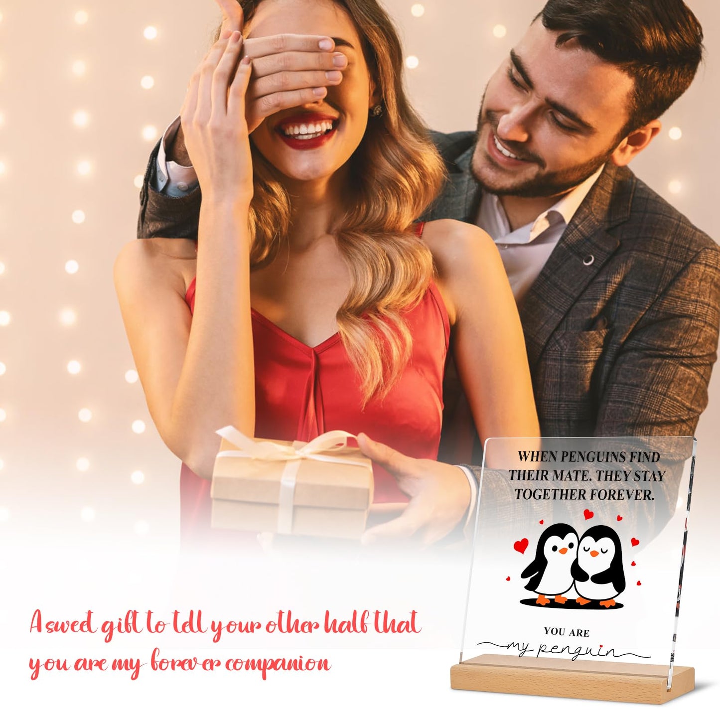 Romantic Penguin Acrylic Plaque with Wooden Stand, 5.9×5.9 Inch Clear Acrylic for Home Office Decor, Wedding Engagement Anniversary Birthday Valentines Day Gifts for Couples Him Her