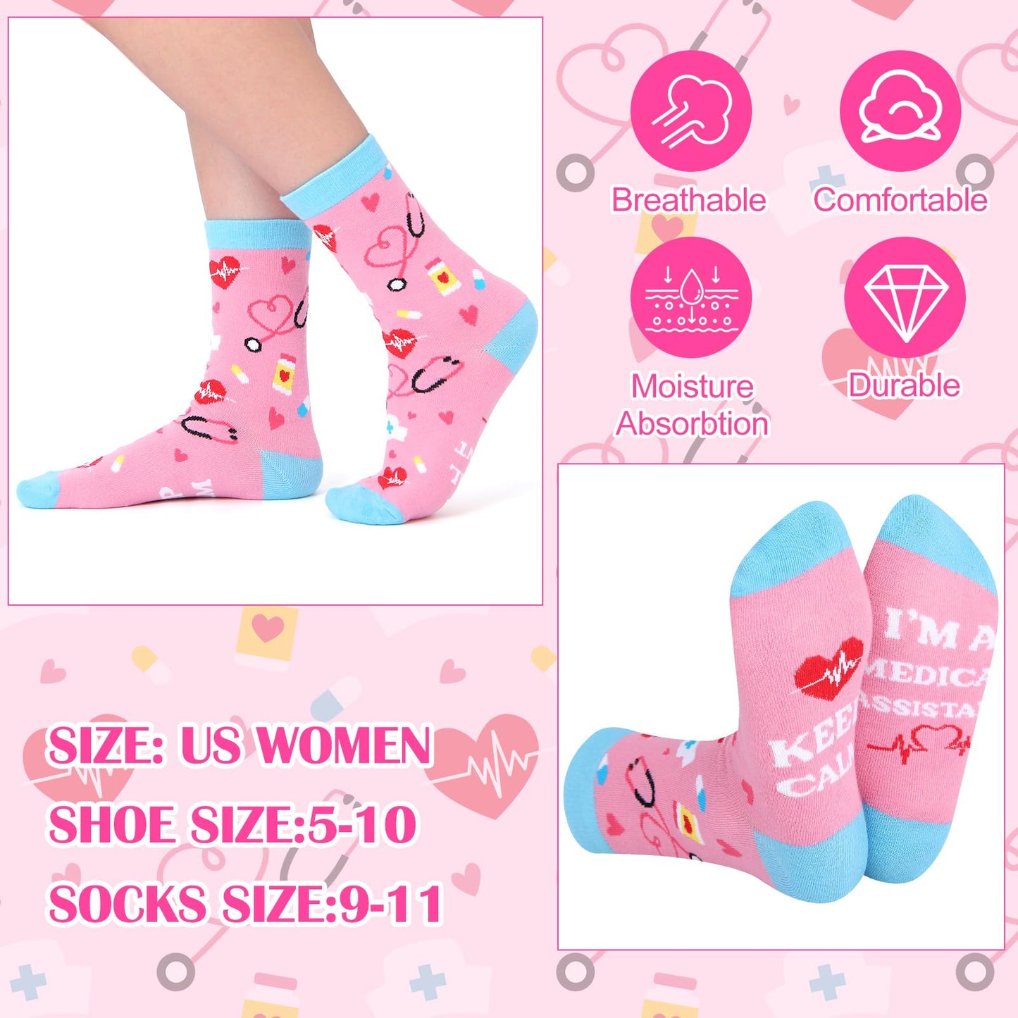 Mimorou 6 Pcs Medical Assistant Gift Set for Women Canvas Tote Bag Cosmetic Bag 16oz Glass Cup Pink Glitter Badge Reel Novelty Socks Unique Appreciation Gifts for Medical Assistants Nurse Week