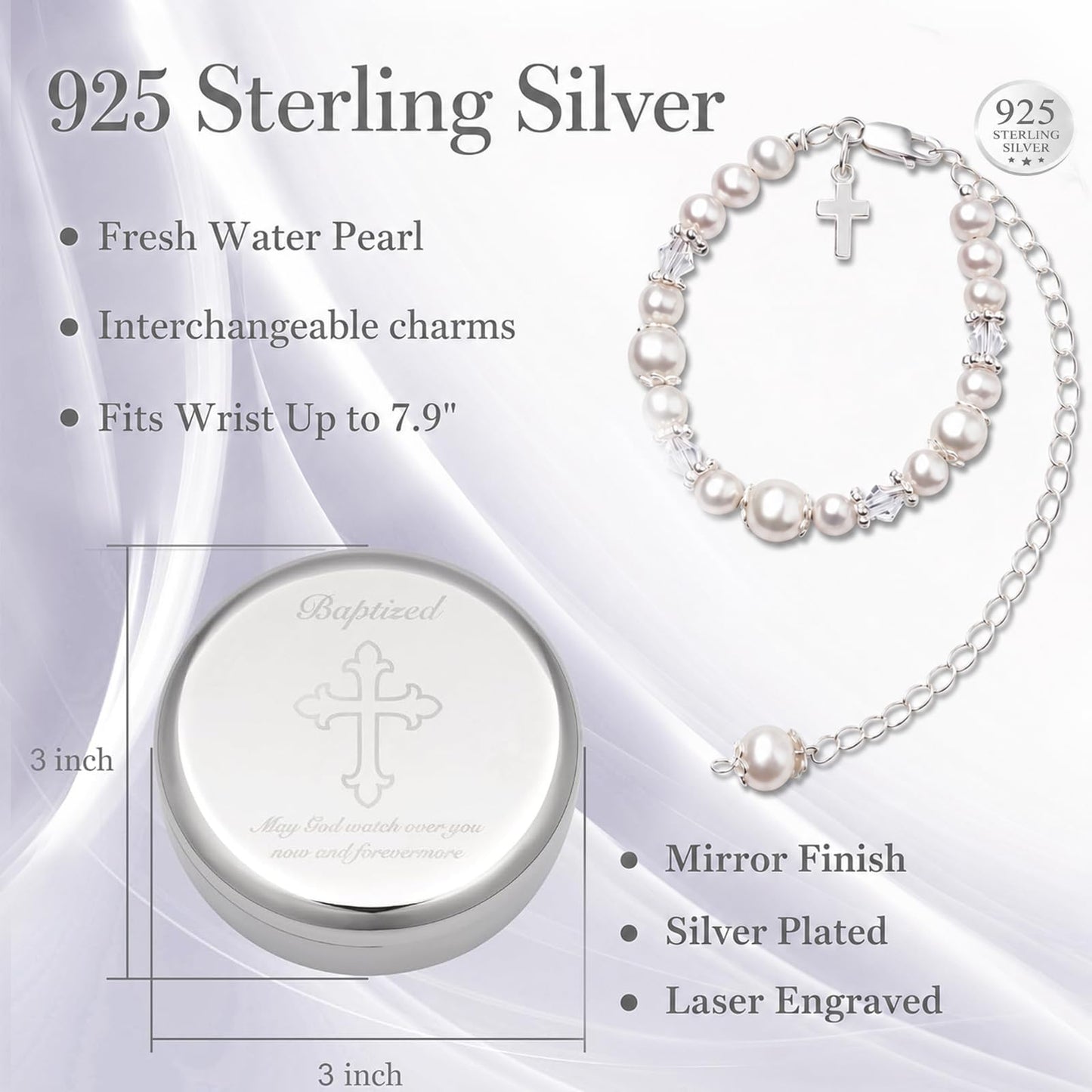 Tryuunion Baptism Bracelet in 925 Sterling Silver and Cultured Pearls for Baby Girls, with Silver-plated Jewelry Keepsake Box, Great Catholic Christening and Baptism Gifts for Girl