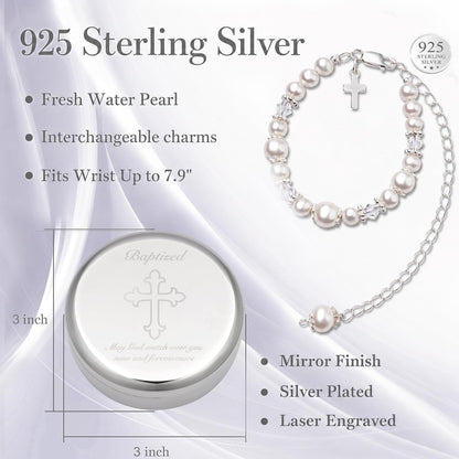 Tryuunion Baptism Bracelet in 925 Sterling Silver and Cultured Pearls for Baby Girls, with Silver-plated Jewelry Keepsake Box, Great Catholic Christening and Baptism Gifts for Girl