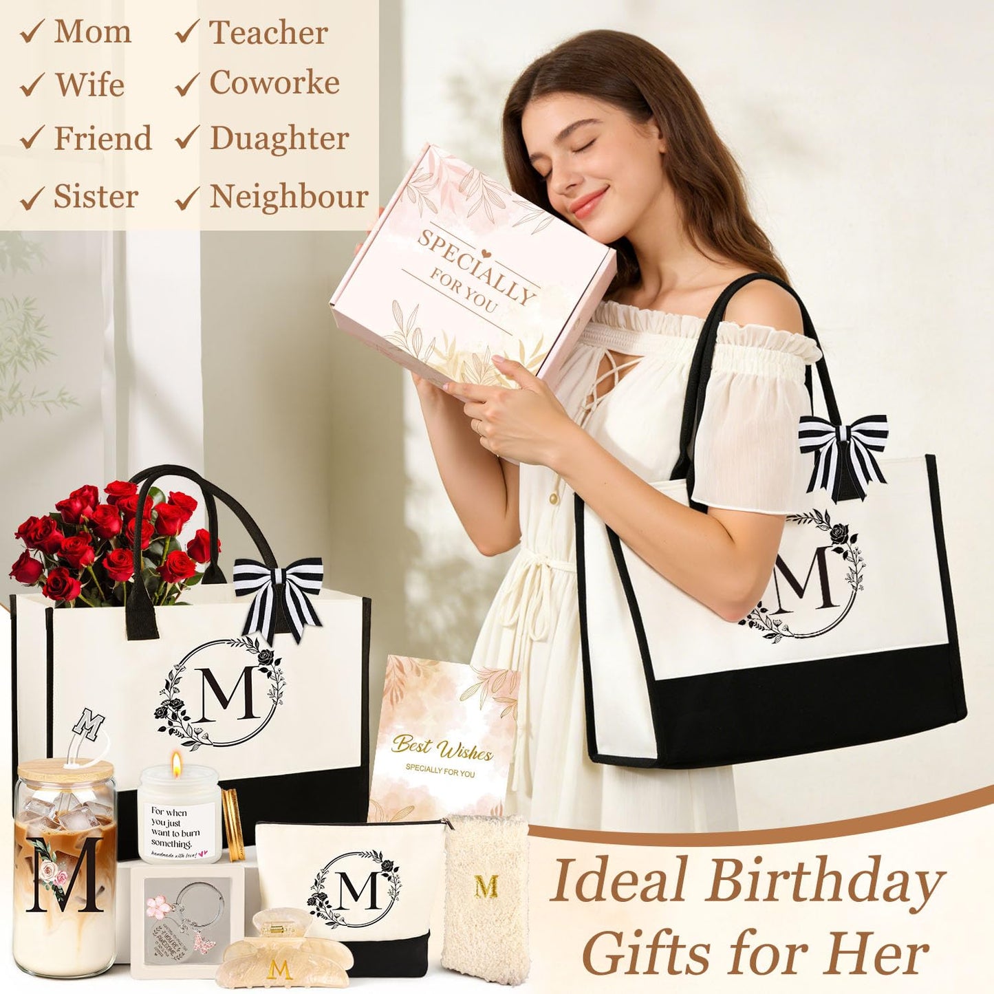 Birthday Gifts for Women, 10pcs Monogrammed Gifts for Women Initial Canvas Tote Bag, Makeup Bag, Glass Cup, Hair Clip, Candle Basket Birthday Personalized Gift for Her Woman Mom Wife Friend Teacher, M