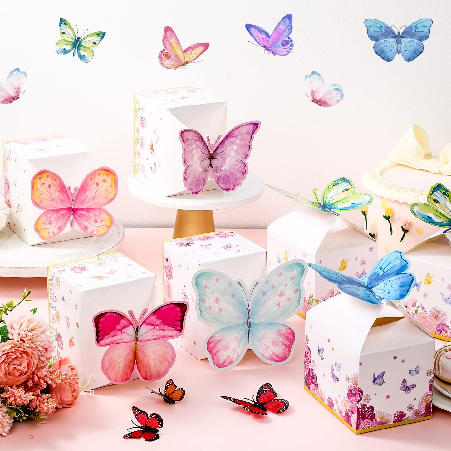 Ctosree 24 Pcs Butterfly Party Favor Boxes Floral Candy Treat Bags Pink Girl Butterfly Gift Paper Box Purple Blue Decor for Princess Birthday Party Baby Shower Supplies