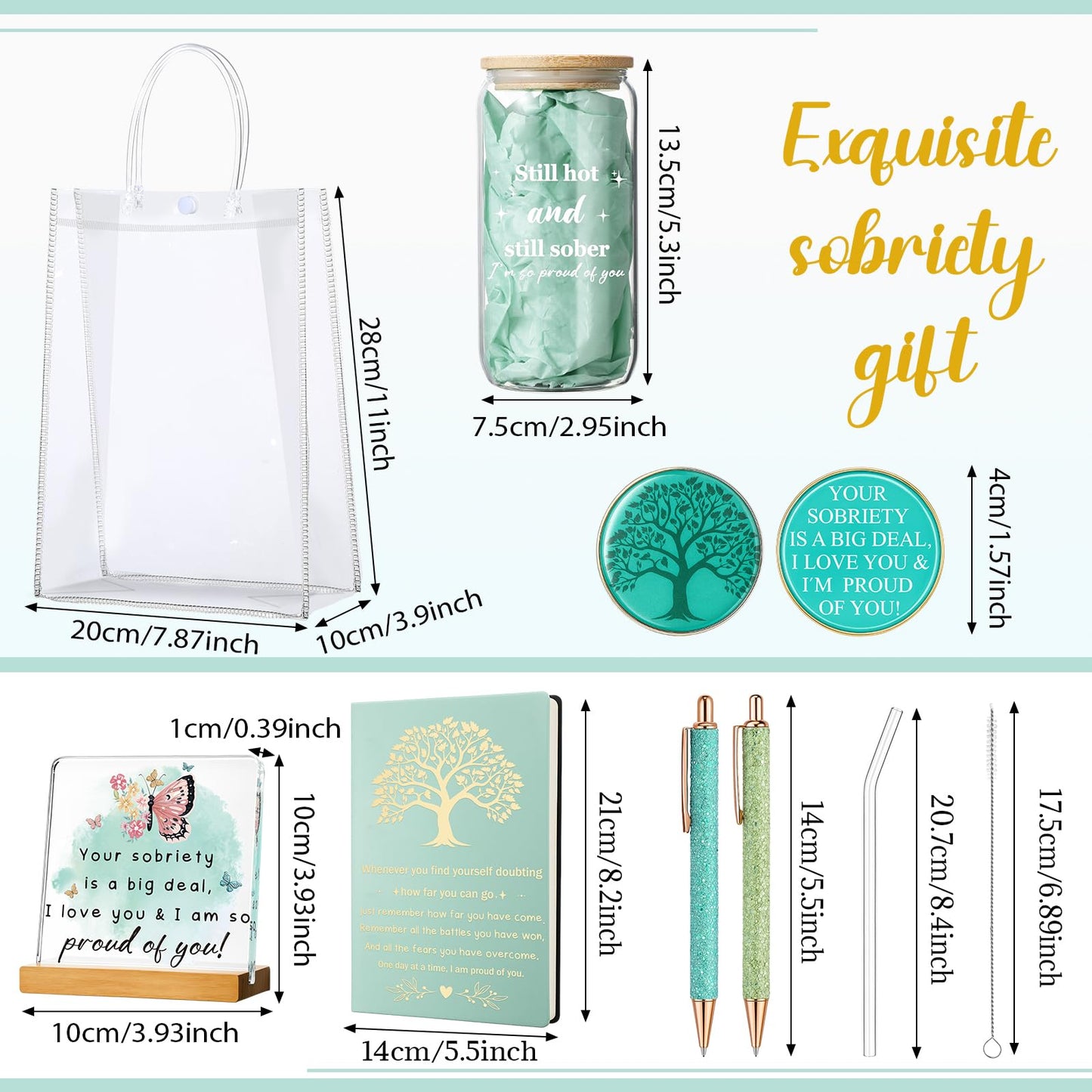 Potchen 7 Pcs Sobriety Gifts Set for Women Men Your Sobriety Is a Big Deal Plaque Sign Sober Glass Tumbler Leather Journal Notebook Pens Coin PVC Bag, Recovery Presents(Sage Green)