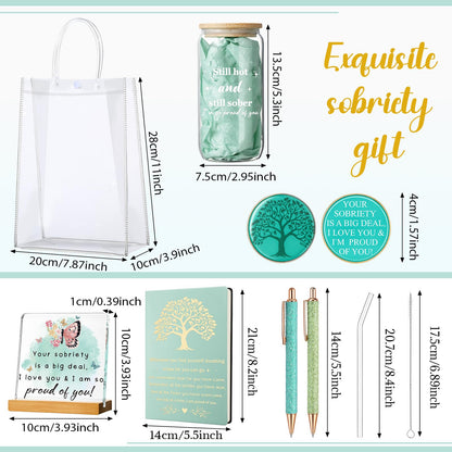 Potchen 7 Pcs Sobriety Gifts Set for Women Men Your Sobriety Is a Big Deal Plaque Sign Sober Glass Tumbler Leather Journal Notebook Pens Coin PVC Bag, Recovery Presents(Sage Green)