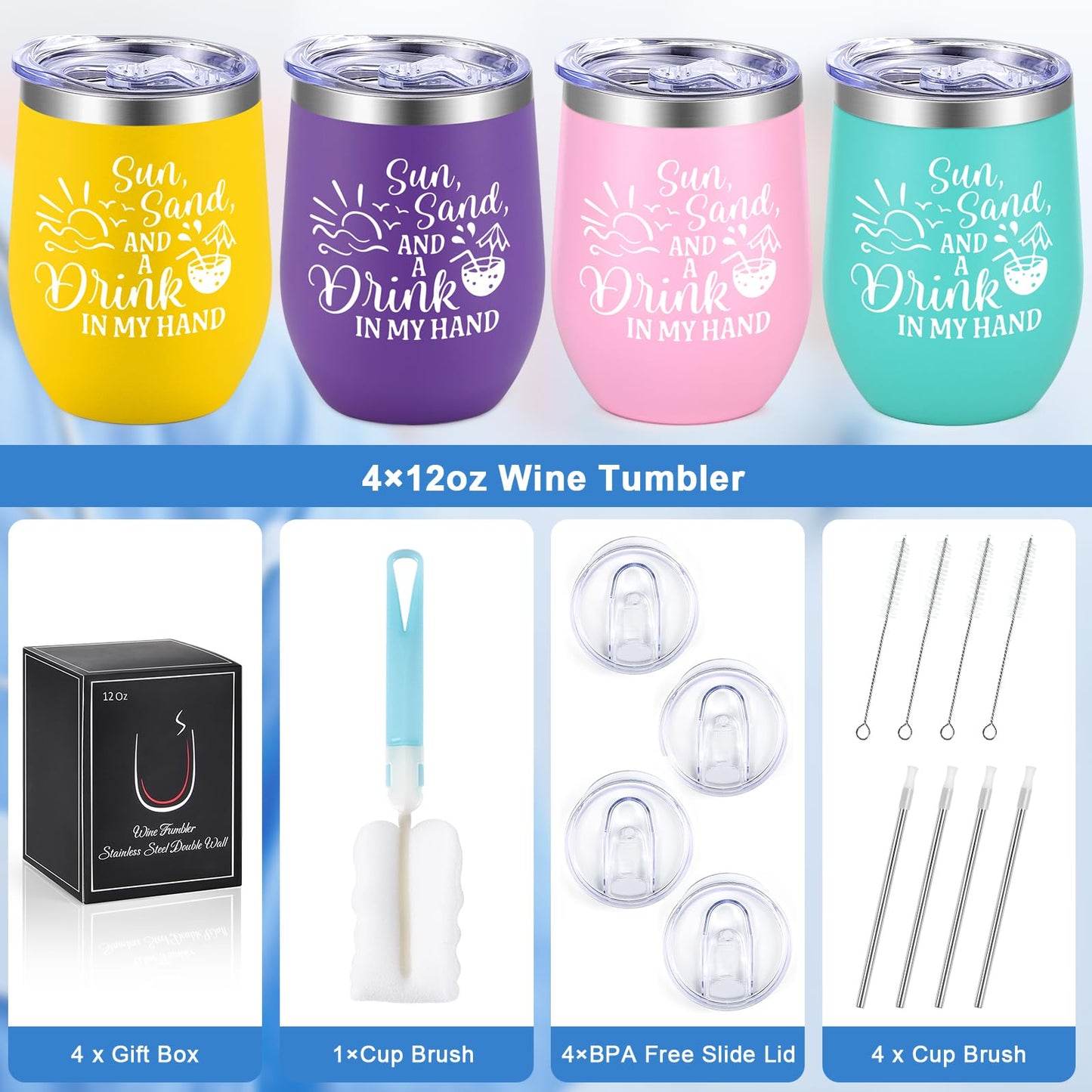 Lifecapido 4Pcs Girls Trip Gifts Favors, Beach 12oz Stainless Steel Wine Tumbler with Lid & Straw, Girls Weekend Trip Gifts Favors for Friends Sister Women Vacation Party(Multicolor)