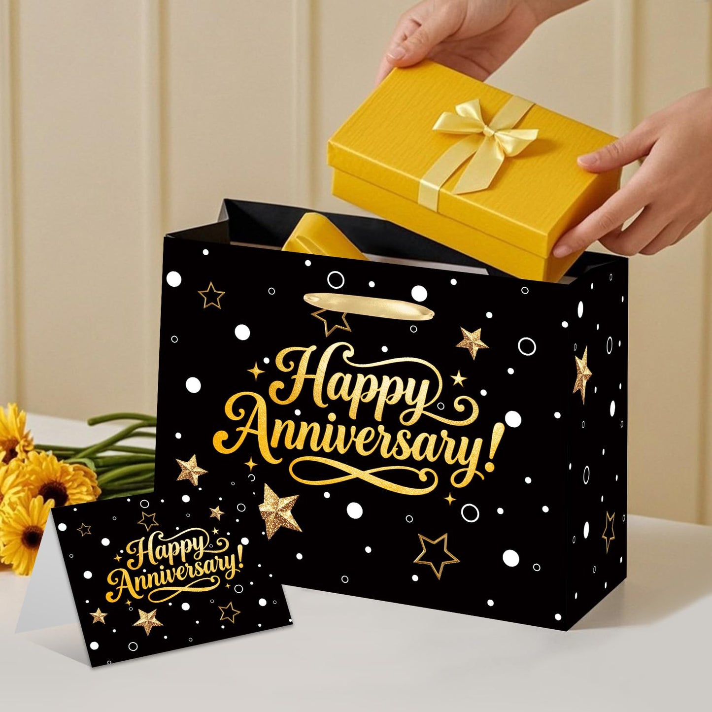 Black Gold Happy Anniversary Party Gift Bag - Large Wedding Gift Wrapping Bag with Tissue Paper and Greeting Card, Ideal for Wedding, Parents, 50th Golden Jubilee & Work Anniversary Party Decorations