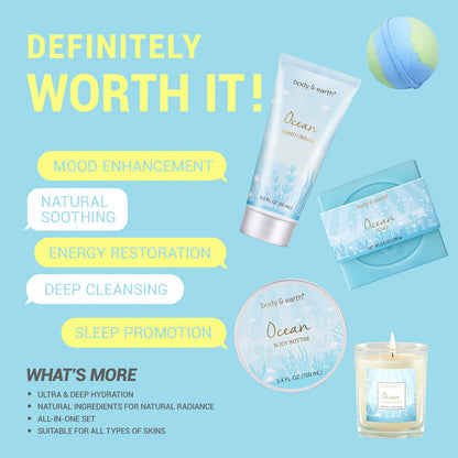 Gifts for Women, Bath and Body Womens Gift Sets with 5 Pcs Ocean Scented Spa Gifts for Women Bath Gift with Scented Candle Body Butter Hand Cream Bath Bomb Mothers Day Gifts