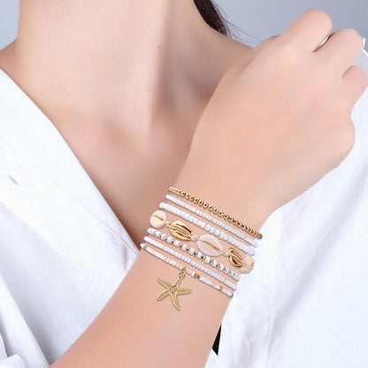 Mikovivi 7pcs Summer Beach Bracelets for Women, Stackable Shell Seashell Starfish Beaded Surfer Bracelets Set Boho Seaside Holiday Vacation Party Friendship Jewelry Gift