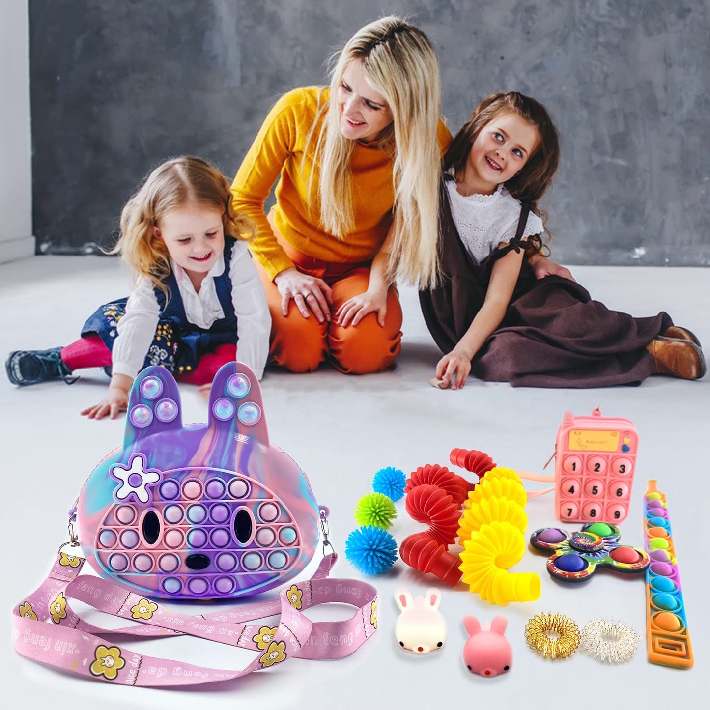 Exun Premade Easter Basket Stuffers Already Filled, Pop Crossbody Purse Bags Fidget Toy Pack, Bunny Shoulder Bag Mini Sensory Toys, 3 4 5 6 7 8 9 10 Year Old Birthday Easter Party Gift for Girls Kids
