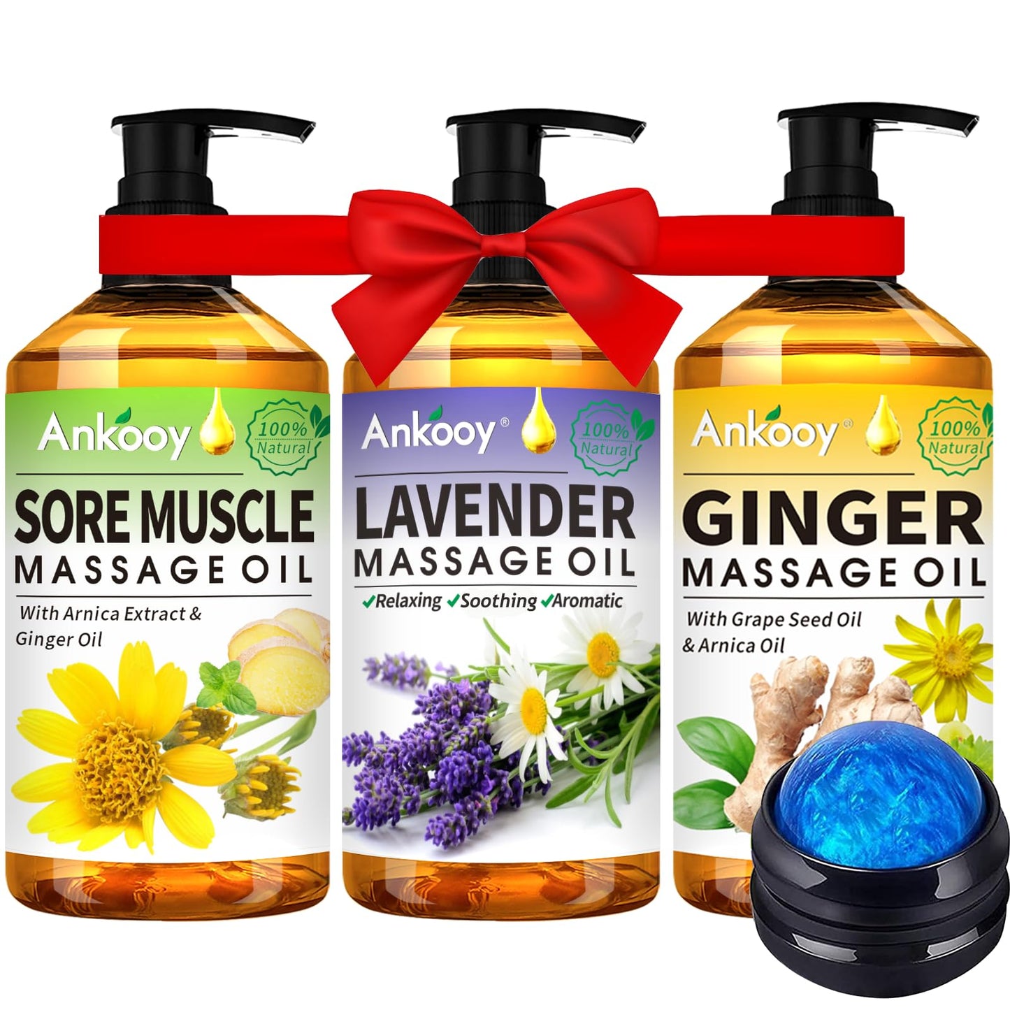 3 Pack Massage Oil for Massage Therapy,Sore Muscle Arnica Oil & Relaxing Lavender Oil & Ginger Oil Lymphatic Drainage & Massage Ball,Fathers Day Gift for Husband,Dad,Gifts from Wife,Daughter