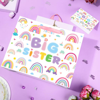 Big Sister Gift Bag for Girls, Cute Big Sister Gift Bag with Tissue Paper and Greeting Card Pink Wrapping Paper Cartoon Rainbow New Sister Party Decoration for Little Girl Birthday Party Supplies