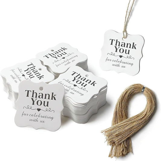 SallyFashion 150 PCS Thank You White Gift Tags with String, 2 x 2 Inches Paper Gift Tags for Party Favors Weddings, Bridal and Baby Showers Birthdays