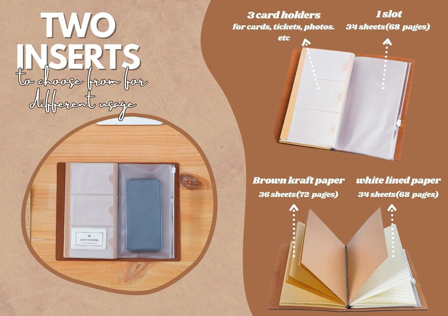 InnoBeta DJ Gifts for Women Men, Journal Notebook with Pen, Refillable Sketchbook, Travel Diary, Lined Planner, 7x5 Inches, Brown