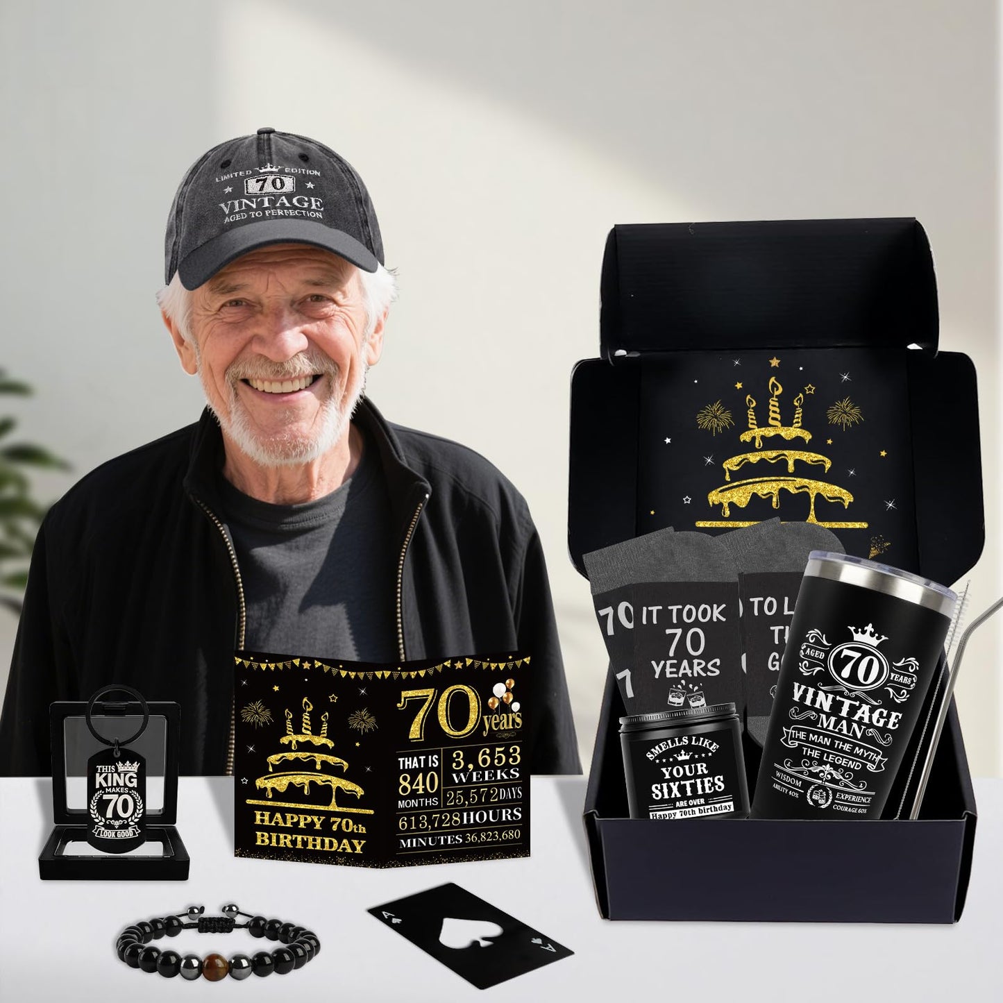 70th Birthday Gifts for Men - Unique Birthday Box with 20 Oz Tumbler, Baseball Cap, Socks, Bracelets, Scented Candle, Happy 70th Birthday Decorations for Husband, Dad, Grandpa, Friends, Boss