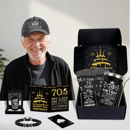 70th Birthday Gifts for Men - Unique Birthday Box with 20 Oz Tumbler, Baseball Cap, Socks, Bracelets, Scented Candle, Happy 70th Birthday Decorations for Husband, Dad, Grandpa, Friends, Boss