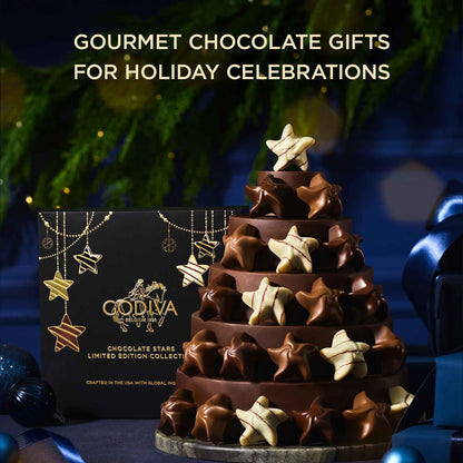 Godiva Holiday Stars Collection Gift Box, Festive Star-Shaped Chocolates with Ganache & Raspberry Filling, Limited Edition Holiday Assortment, 9 Pc