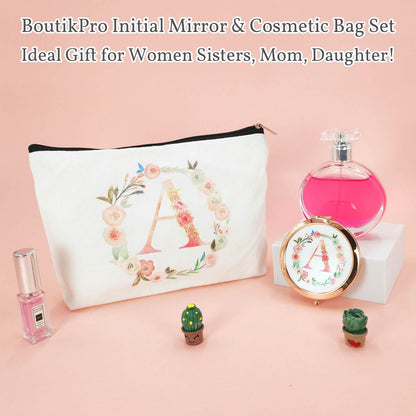 Personalized Gift Initial Compact Mirror w Makeup Bag for Women Sister Daughter Mom Wife, Floral Monogram Alphabet Small Mirror Ideal Gift on Birthday, Christmas, Graduation (J + Bag, ROSE GOLD)