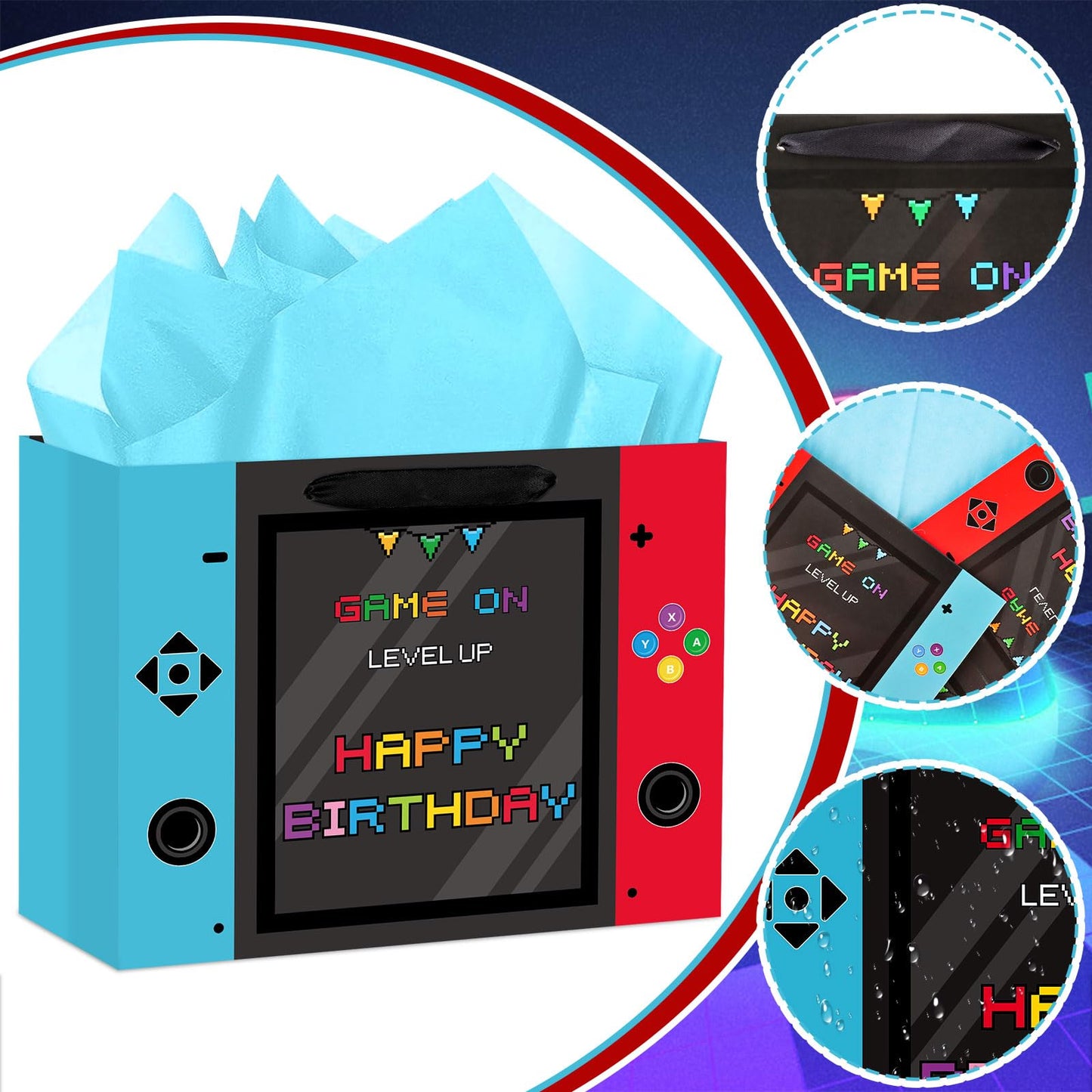 Abilat Large Video Game Birthday Gift Bag with Tissue Paper and Greeting Card Happy Birthday Gift Wrapping Bag for Boys Kids Gaming Theme Game Night Party Decorations