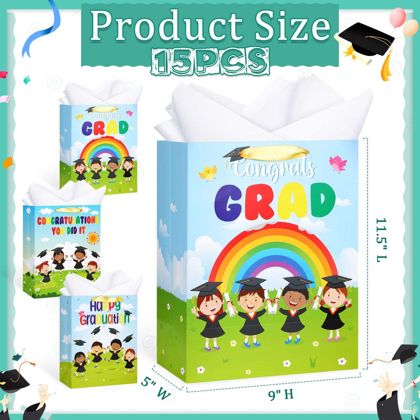 Chunful 15 Pcs Preschool Graduation Gift Bag with Handle and Tissue Paper 11.5 x 5 x 9 Inches Kindergarten Gift Bag for Pre-k Graduation Supplies Gifts
