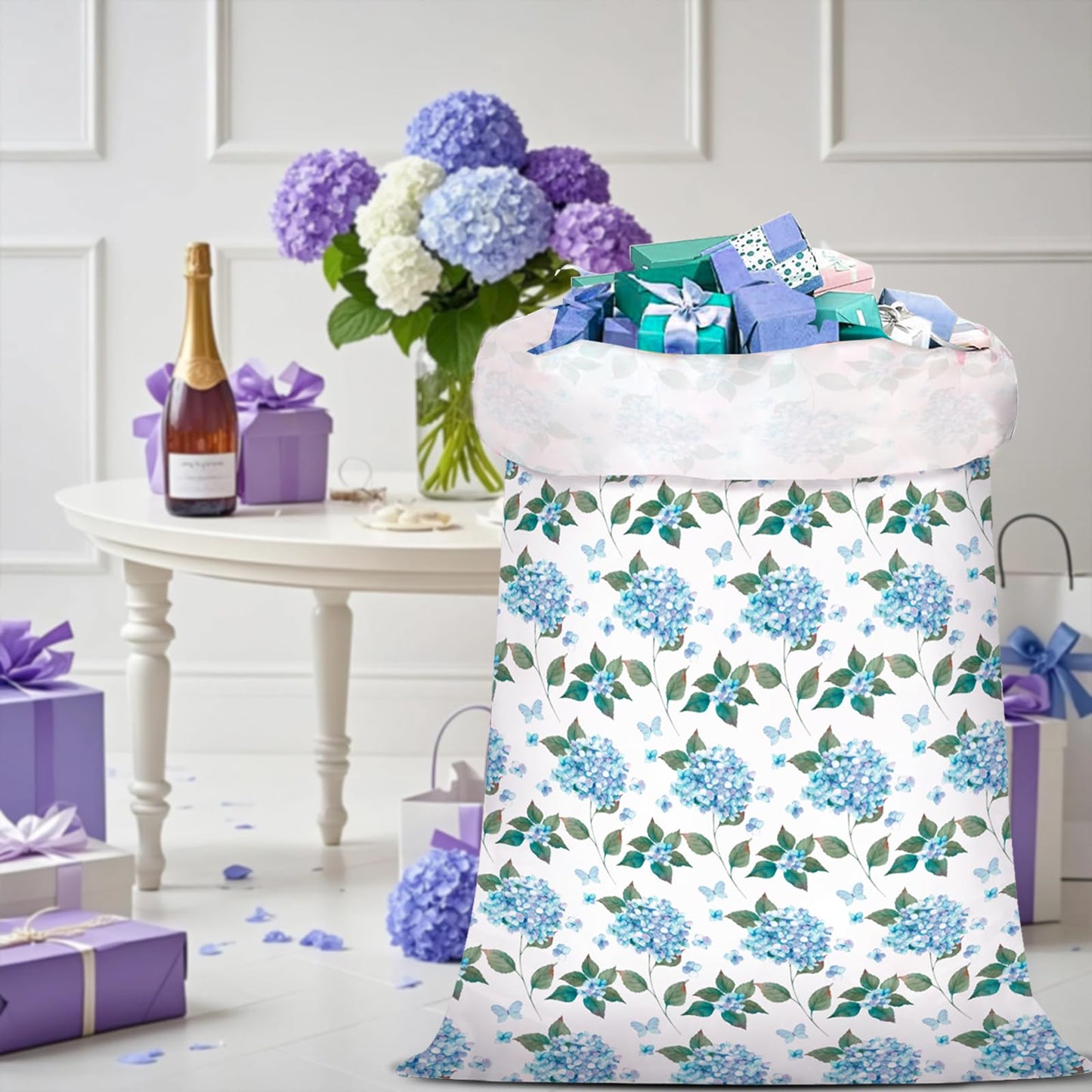 WRAPAHOLIC 56" Large Hydrangea Floral Plastic Gift Bag - Blue Hydrangea Flower Jumbo Bike Bag Gift Wrap for Wedding, Birthday, Bridal Shower, Tea Party - 56" H x 36" W