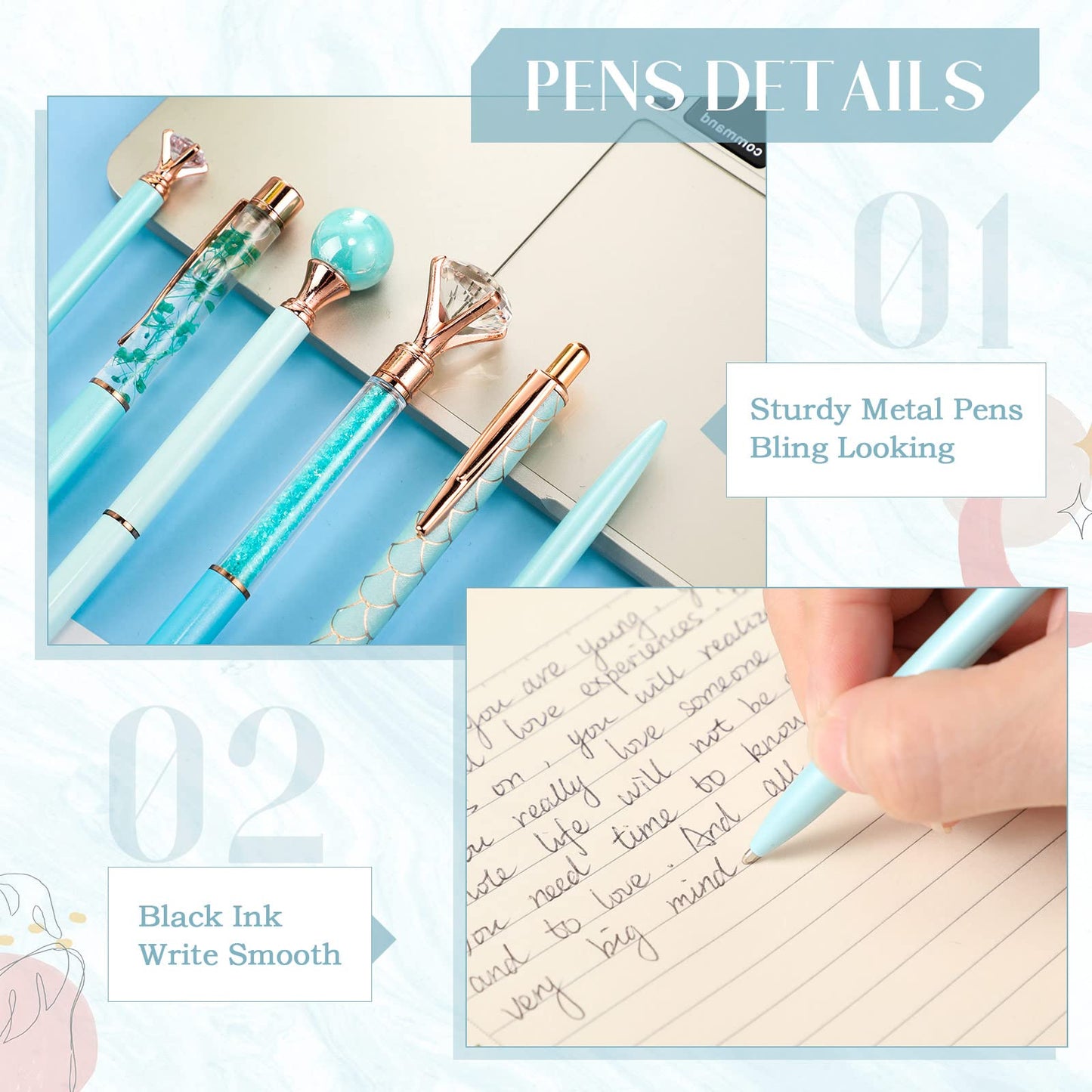 Janmini 9 Pcs Ballpoint Pens Set Metal Crystal Diamond Glitter Pens for Journaling Black Ink Pretty Cute Things Fancy Stationery Gifts for Women Girls Birthday Home Office Desk(Blue)