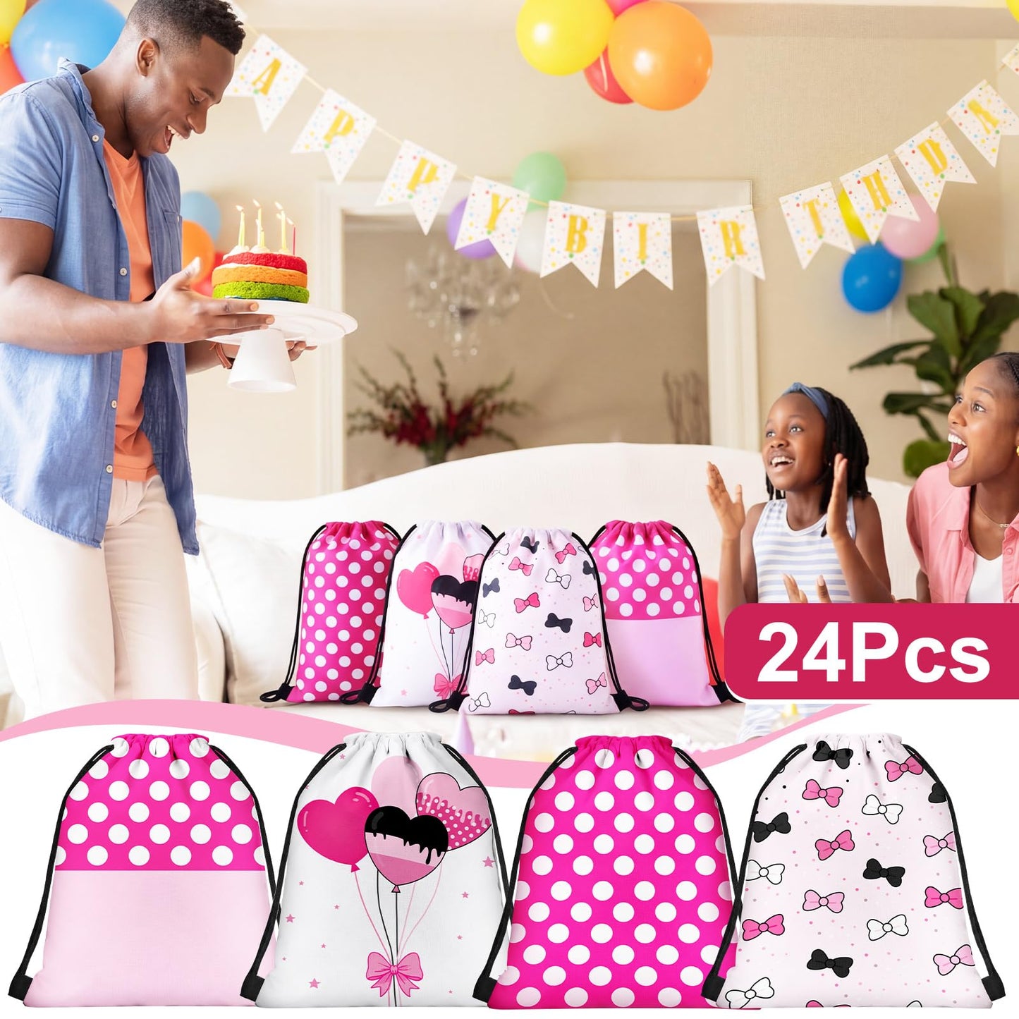 Aliceset 24 Pcs Cartoon Mouse Drawstring Bags Cartoon Birthday Party Favor Gift Goodie Treat Candy Bags Present Double Sided Gift Bag for Mice Birthday Baby Shower, 9.8 x 9.8 Inch(Pink Mouse)