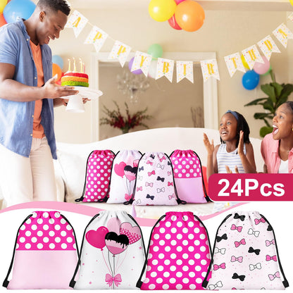 Aliceset 24 Pcs Cartoon Mouse Drawstring Bags Cartoon Birthday Party Favor Gift Goodie Treat Candy Bags Present Double Sided Gift Bag for Mice Birthday Baby Shower, 9.8 x 9.8 Inch(Pink Mouse)