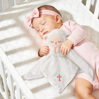 Baptism Gifts for Girl, Loveys for Babies Lamb Security Blanket, Plush Lamb Lovey with Cross Embroidery, Christening Gift Set with Baby Blanket & First Prayer Book