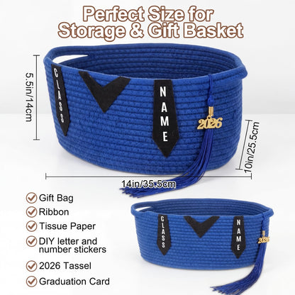 Colingmill Class of 2026 Senior Graduation Gift Basket Empty, 14x10x5.5 Inch Woven Rope Basket with Grad Design Bag & Ribbon Letter Stickers Tassel & Card Decorative DIY Congrats Gift(Black and Blue)