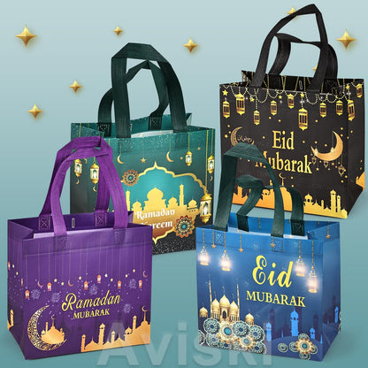 Aviski 4PCS Eid Mubarak Reusable Gift Bags, Treat Bags with Handles, Ramadan Mubarak Party Bags, Multifunctional Non-Woven Eid Bags for Gifts Wrapping, Ramadan Kareem Party Supplies, 9.2"×8.7"×4.3"