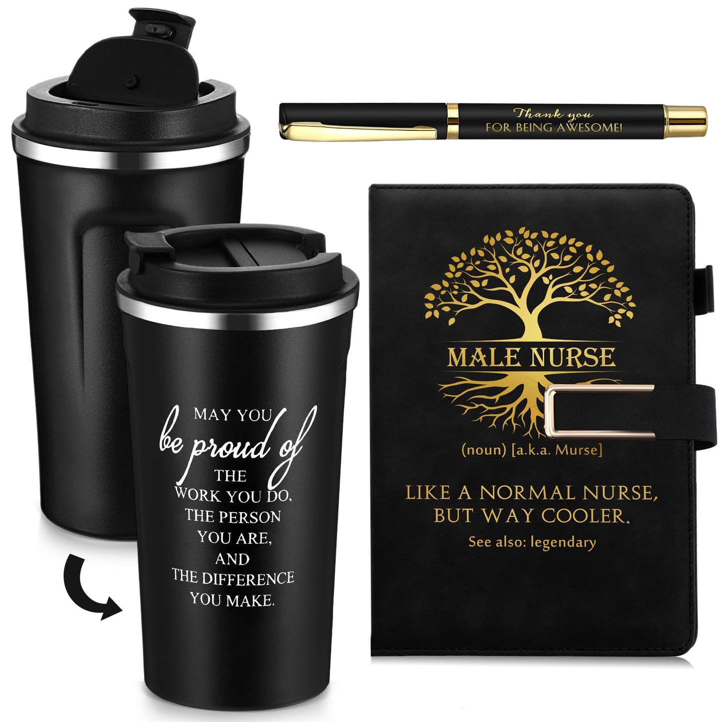 Pickmesh 3 Pcs Male Nurses Gifts Set 2026 CNA Week Gifts 17 oz Coffee Tumbler A5 Leather Journal with Ballpoint Pen Nurse Graduation Gift for Men Nursing (Black)