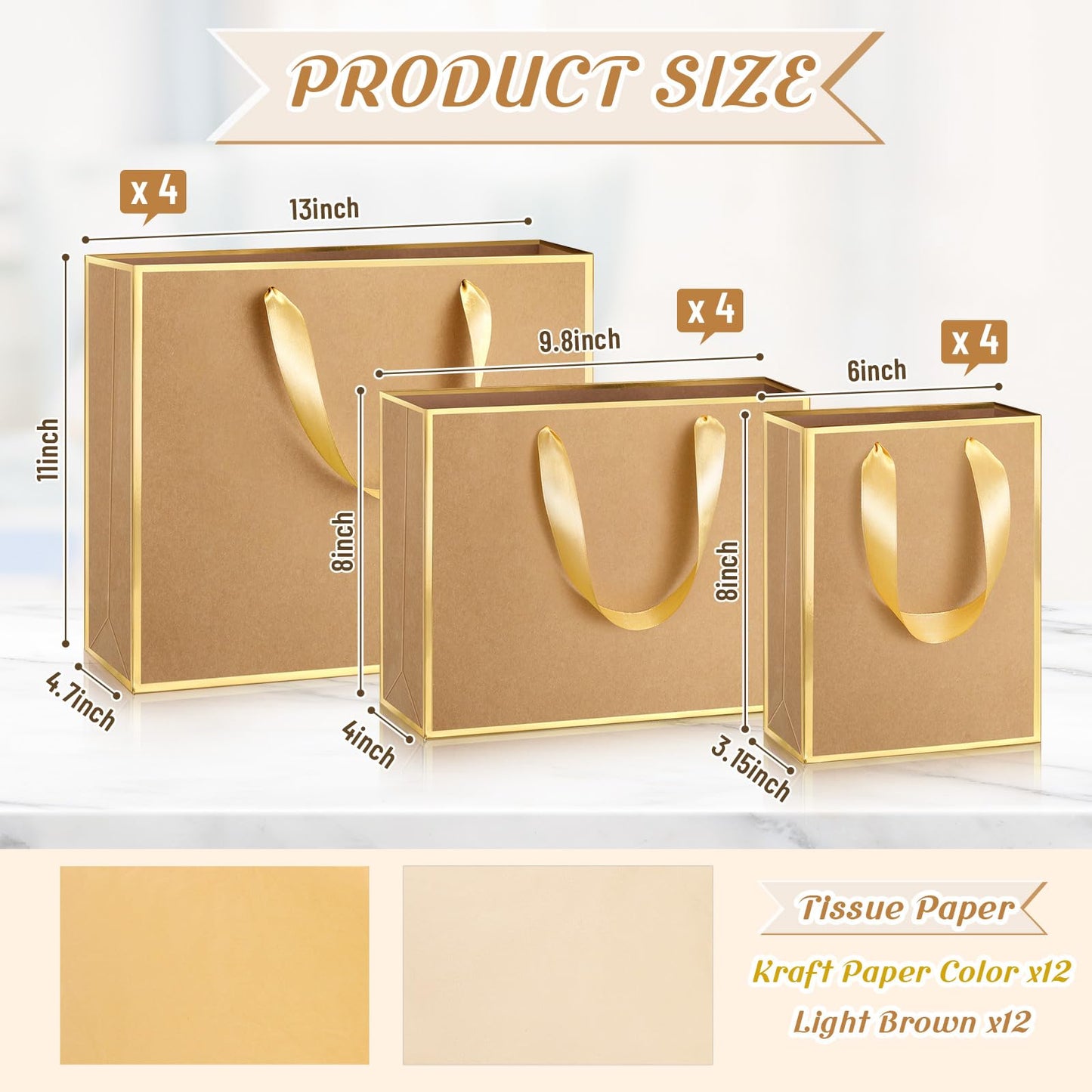 Yeaqee 12 Pcs Metallic Paper Gift Bag with Handle Tissue Paper Assorted Size Include 8" 10" 13" Thank You 5 Senses Gift Bag for Him Her Birthday Wedding Groomsmen Bridesmaid(Kraft,Gold)