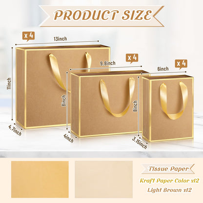 Yeaqee 12 Pcs Metallic Paper Gift Bag with Handle Tissue Paper Assorted Size Include 8" 10" 13" Thank You 5 Senses Gift Bag for Him Her Birthday Wedding Groomsmen Bridesmaid(Kraft,Gold)