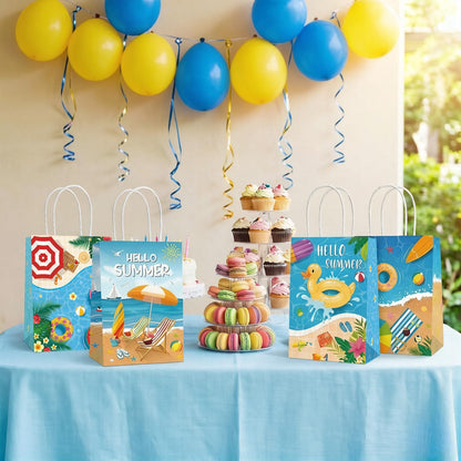 Lemicin 12 Pcs Summer Goodie Bags Pool Party Favor Bags Treat Candy Snack Bag Paper Beach Gift Bags with Handles for Hawaiian Luau Birthday Baby Shower Hello Summer Pool Holiday Party Supplies