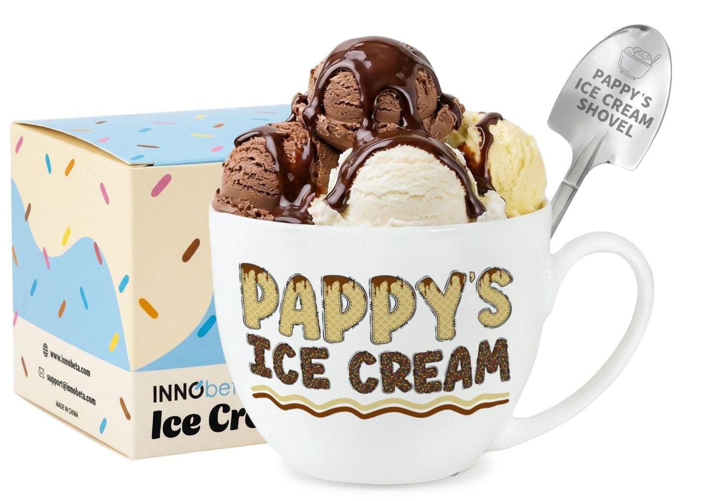 InnoBeta Pappy Gifts, Fathers Day Gift Ice Cream Bowl Scoop Shovel Spoon Set, Pappy Ice Cream Gift from Grandkids Grandchildren, Ideal Xmas Birthday Father's Day Grandpa Present