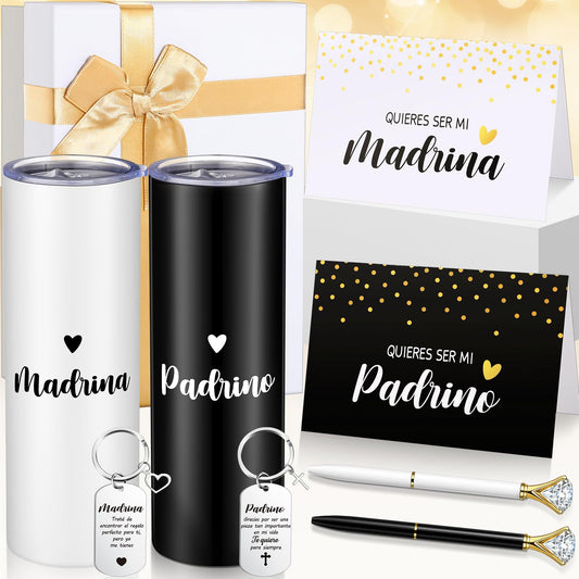 Sieral 9 Pcs Godparents Proposal Gift Will You Be My Godmother Godfather with Tumbler Keychain Card Pen Box Godchild Baptism Xmas Gift for Godparents Padrinos Madrina(Madrina, Padrino)